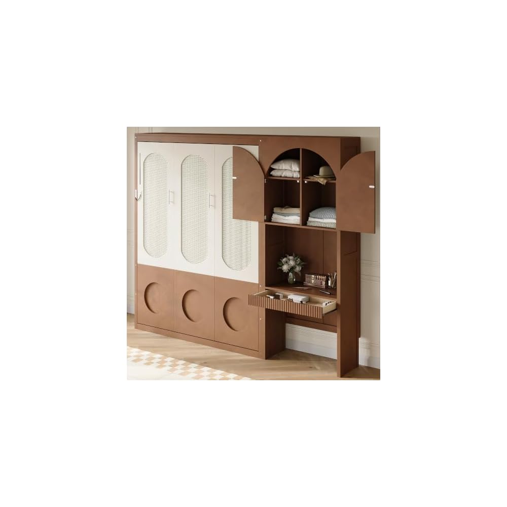 Merax Queen Size Murphy Bed with Desk, Storage Cabinet & LED Light, Walnut