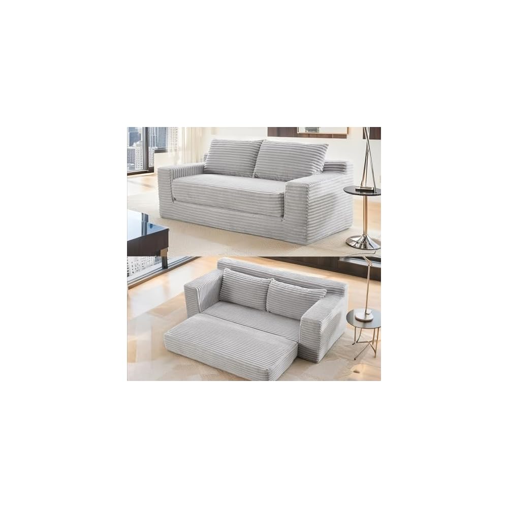 56" Convertible Loveseat Sofa Bed, Memory Foam Couch Corduroy Fabric Grey