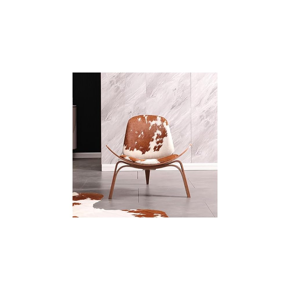Mid-century Modern Shell Lounge Chair, High-end Cowhide, Scandinavian Furniture Three-legged Plywood Classic Design Solid Wood Decorative Chair, Suitable For Living Room, Reading, Lounge, Office, Salo