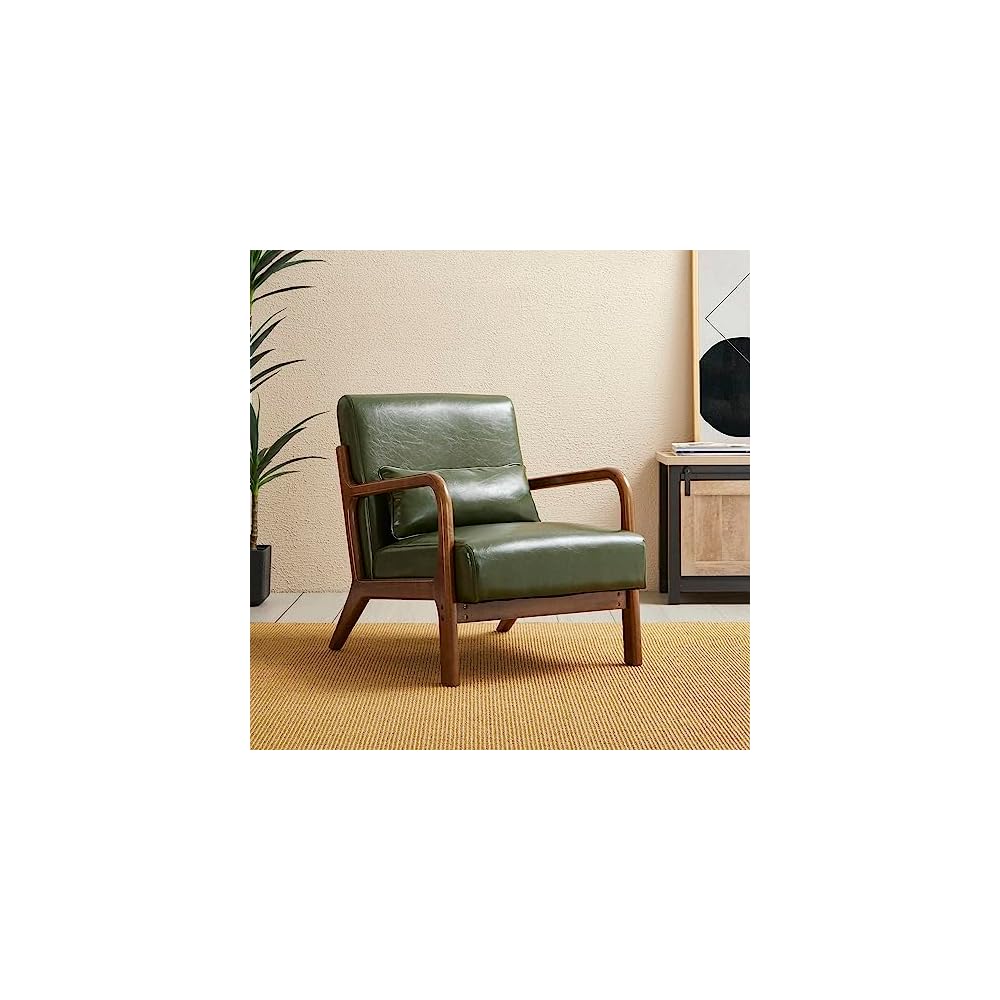 Glitzhome Accent Armchair with Walnut Ruberwood Frame, Black PU Leather Lounge Chair for Living Room