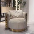 Cream Microfiber Barrel Accent Chair with Brass Frame and Gold Metal Base