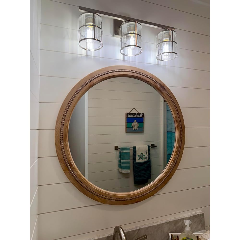 Solid Wood 30 Inch Round Beaded Vanity Wall Mirror, Natural Wood