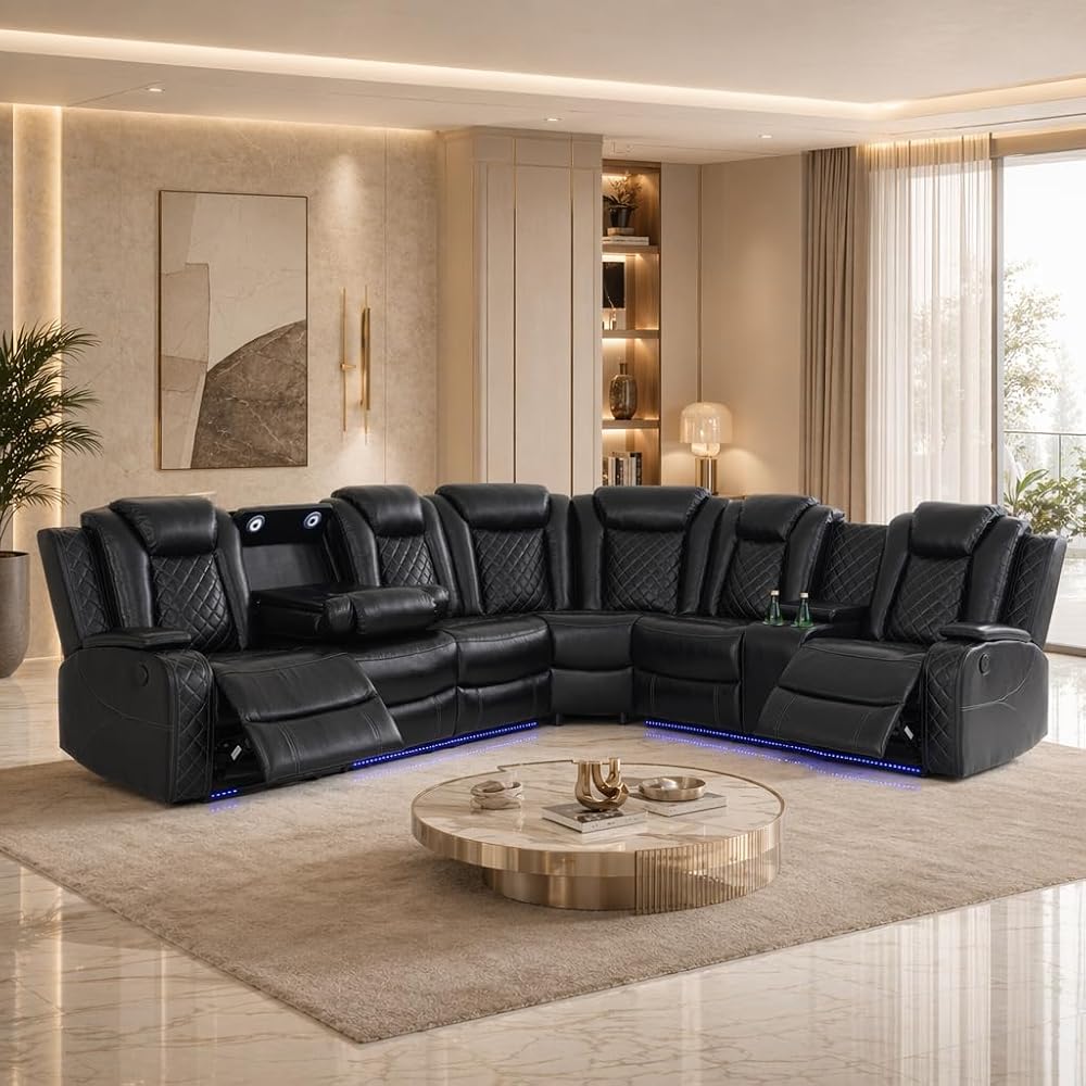 Power Recliner Sofa Sectional with LED Lights,Sectional Couches for Living Room with Cup Holder,6 Seater Home Theater Seating Reclining Sofa Furniture Set + Drop Down Tabel ,Storage,Wireless Charger