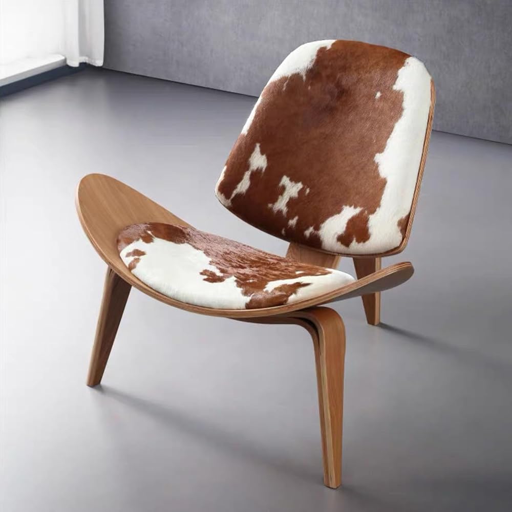 Mid-century Modern Shell Lounge Chair, High-end Cowhide, Scandinavian Furniture Three-legged Plywood Classic Design Solid Wood Decorative Chair, Suitable For Living Room, Reading, Lounge, Office, Salo