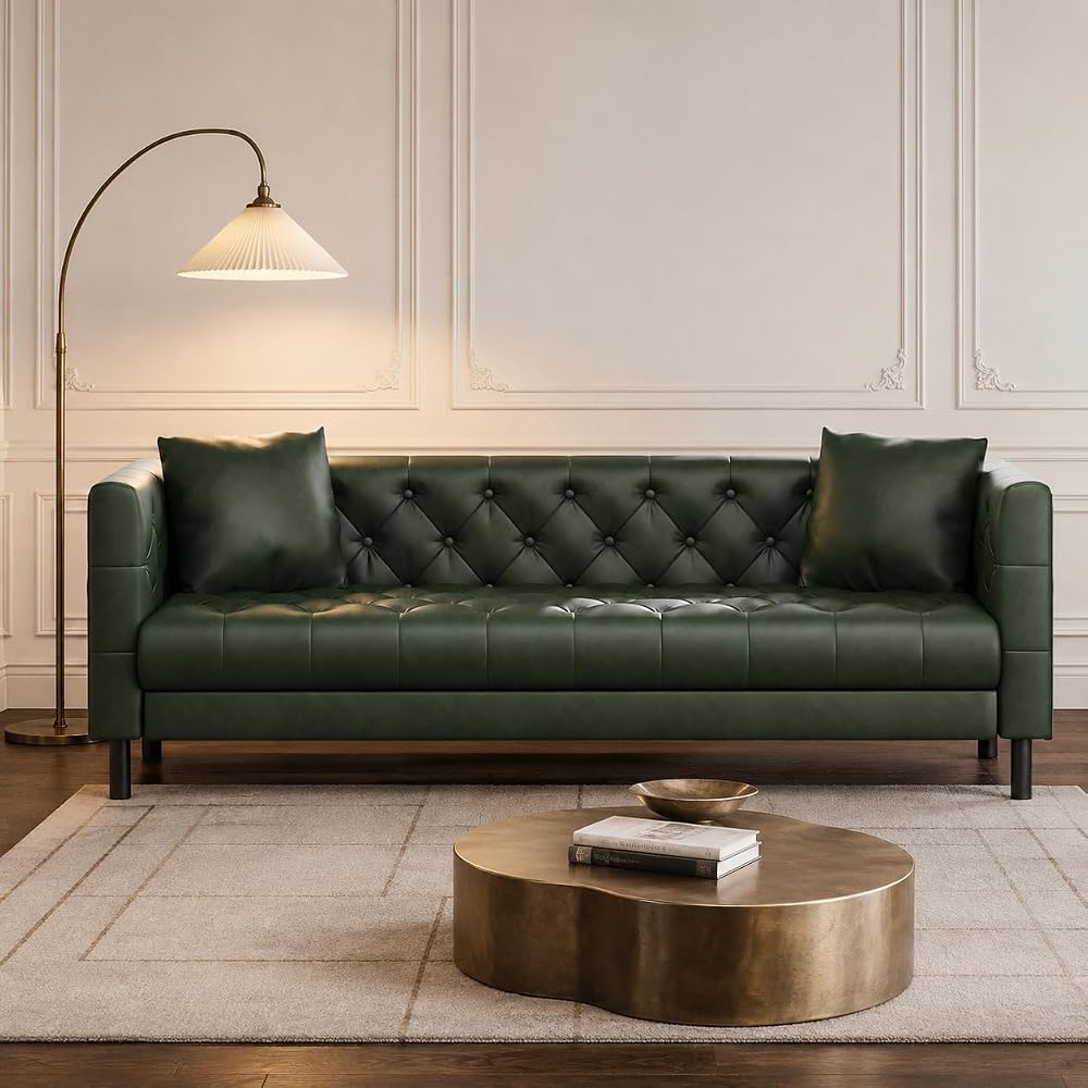 81" PU Leather Couch, Chesterfield 3 Seater Sofa, Vintage Green