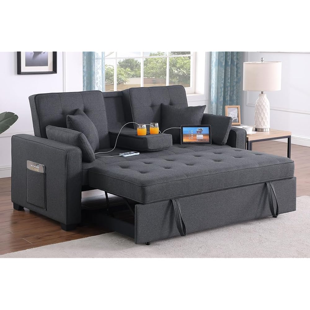 Lilola Home Cody II 70-inch Dark Gray Linen Convertible Sleeper Loveseat with Drop-Down Console, Cup Holders, USB & USB-C Charging Ports, Pocket Coil Seating — Multi-Functional Sofa Bed