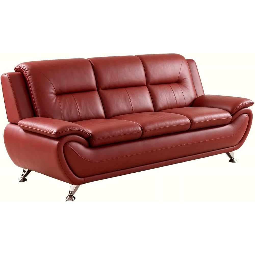 Red PU Leather 3-Seater Sofa, Curved Three Seat Couch with Metal Legs