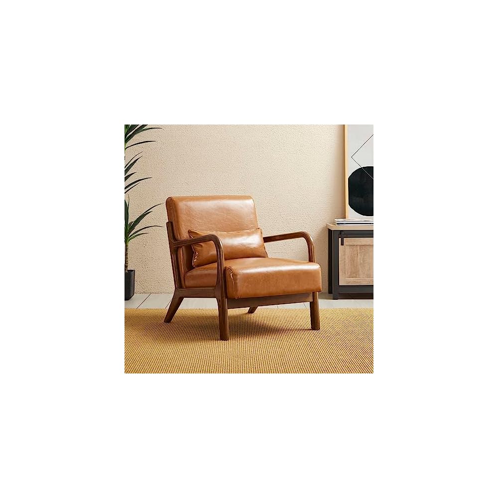 Glitzhome Accent Armchair with Walnut Ruberwood Frame, Black PU Leather Lounge Chair for Living Room