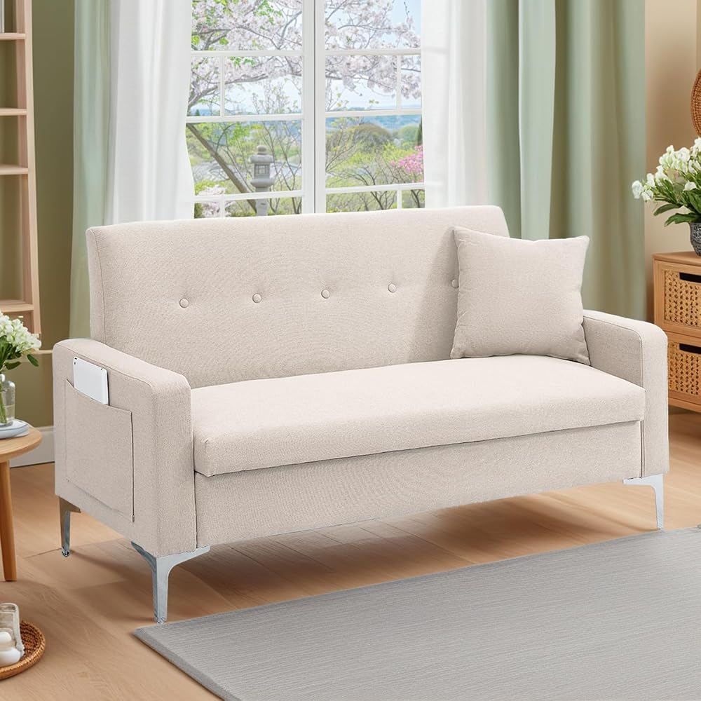 57'' Loveseat Sofa with Storage, Small Love Seats Couches for Bedroom, Living Room, Office, Dorm, 2 Seater Couch with Metal Support Legs and Side Pocket, Tool-Free Assembly (Beige)