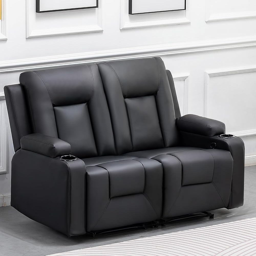 COMHOMA Leather Recliner Modern Loveseat Sofa, 2 Leather Recliner Chair,Small Sofa Couch,2 Seater PU Loveseat,Modern Couches for Living Room with Drink Holders Living Room Chair Loveseat Sofa