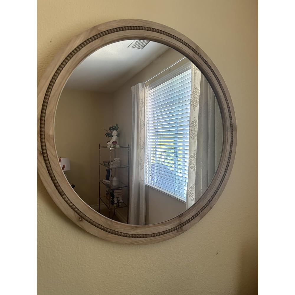 Solid Wood 30 Inch Round Beaded Vanity Wall Mirror, Natural Wood