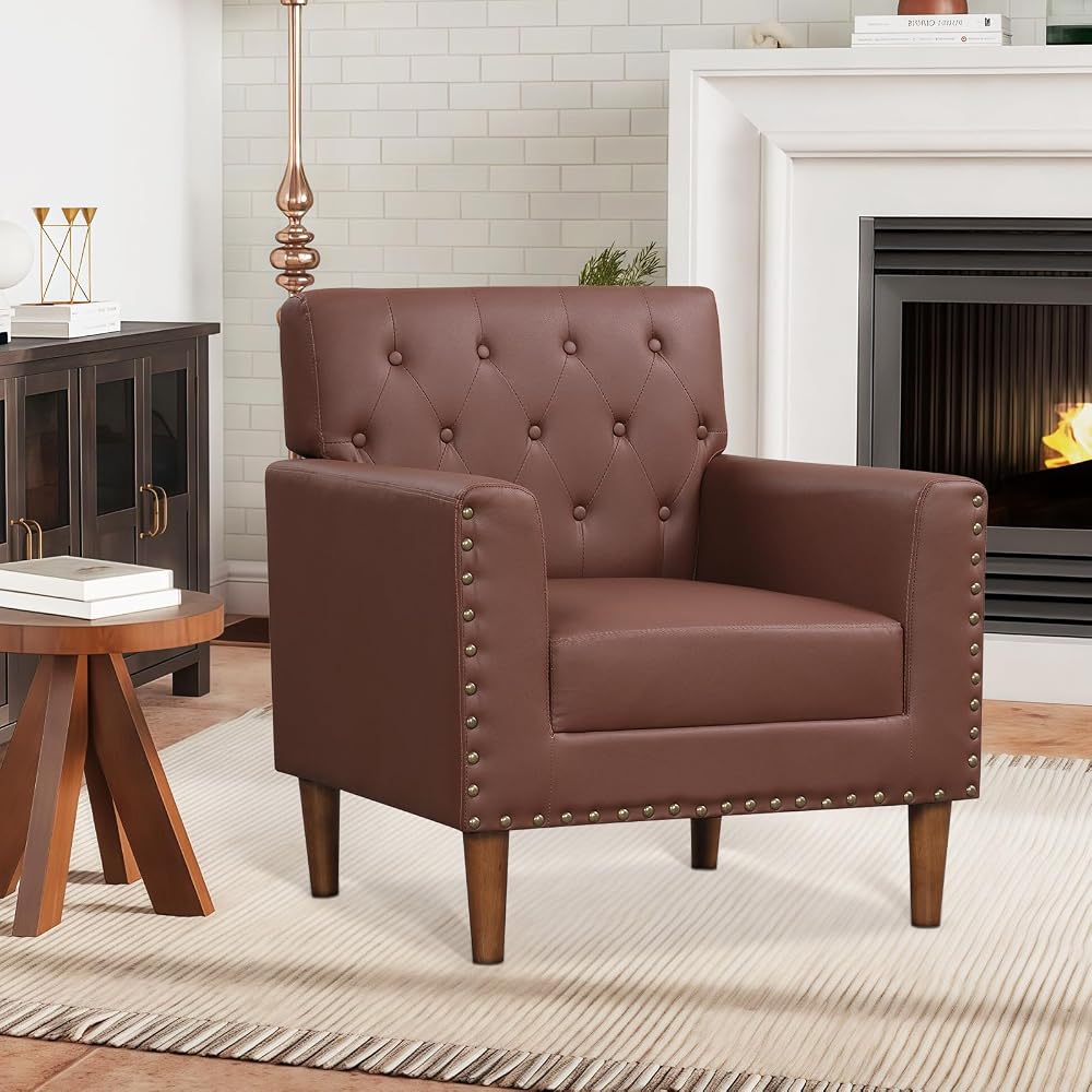 KOMFOTT Mid Century Modern Accent Chair, Faux Leather Upholstered Armchair with Button Tufted Decoration & Rivets, Rubber Wood Legs, Soft Padded Seat Cushion, Single Sofa for Living Room, Home (Brown)