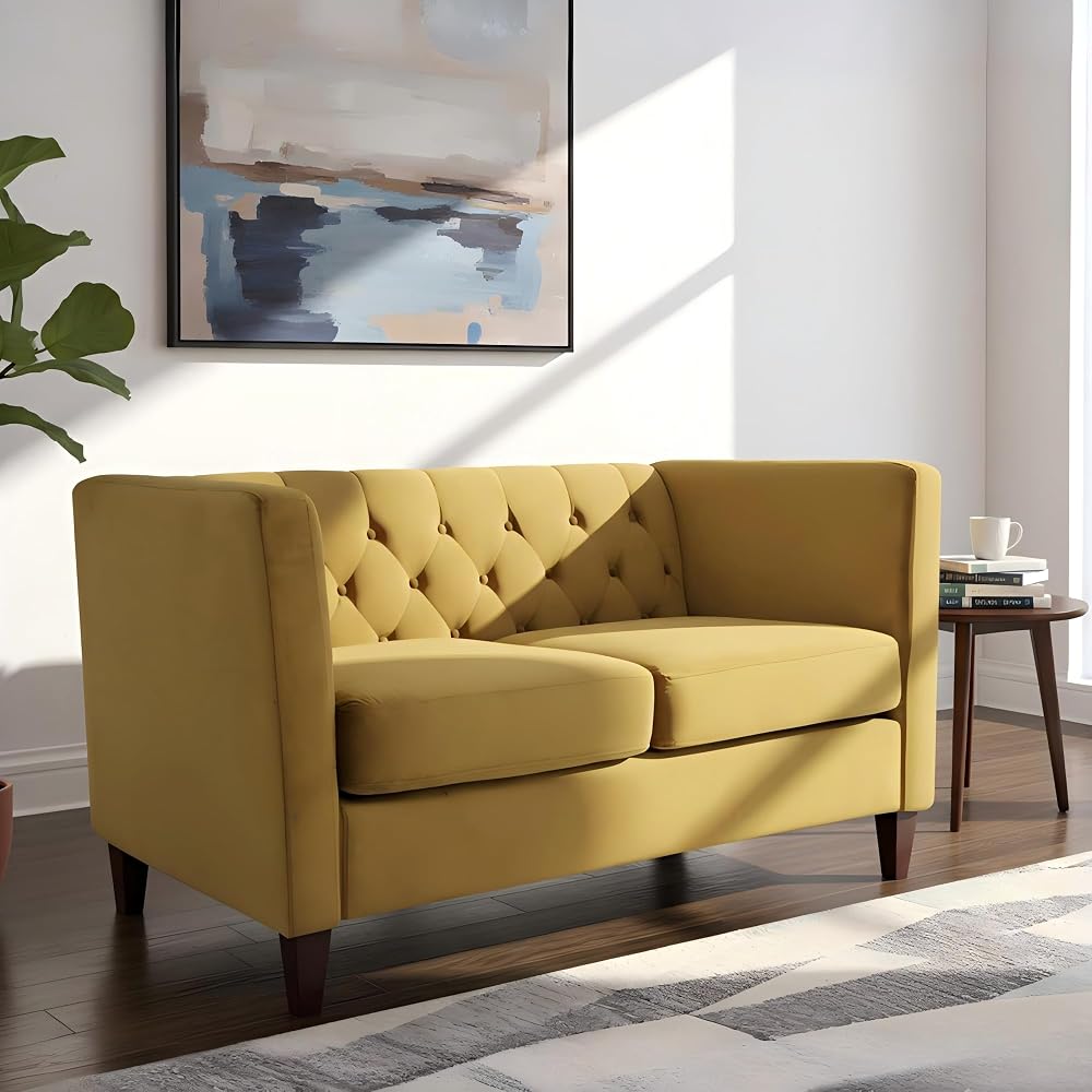 57" Tufted Velvet Love Seat, Loveseat Sofa with Spring Support, Small Sofa with Wood Frame for Living Room and Apartment Spaces, Mustard Yellow