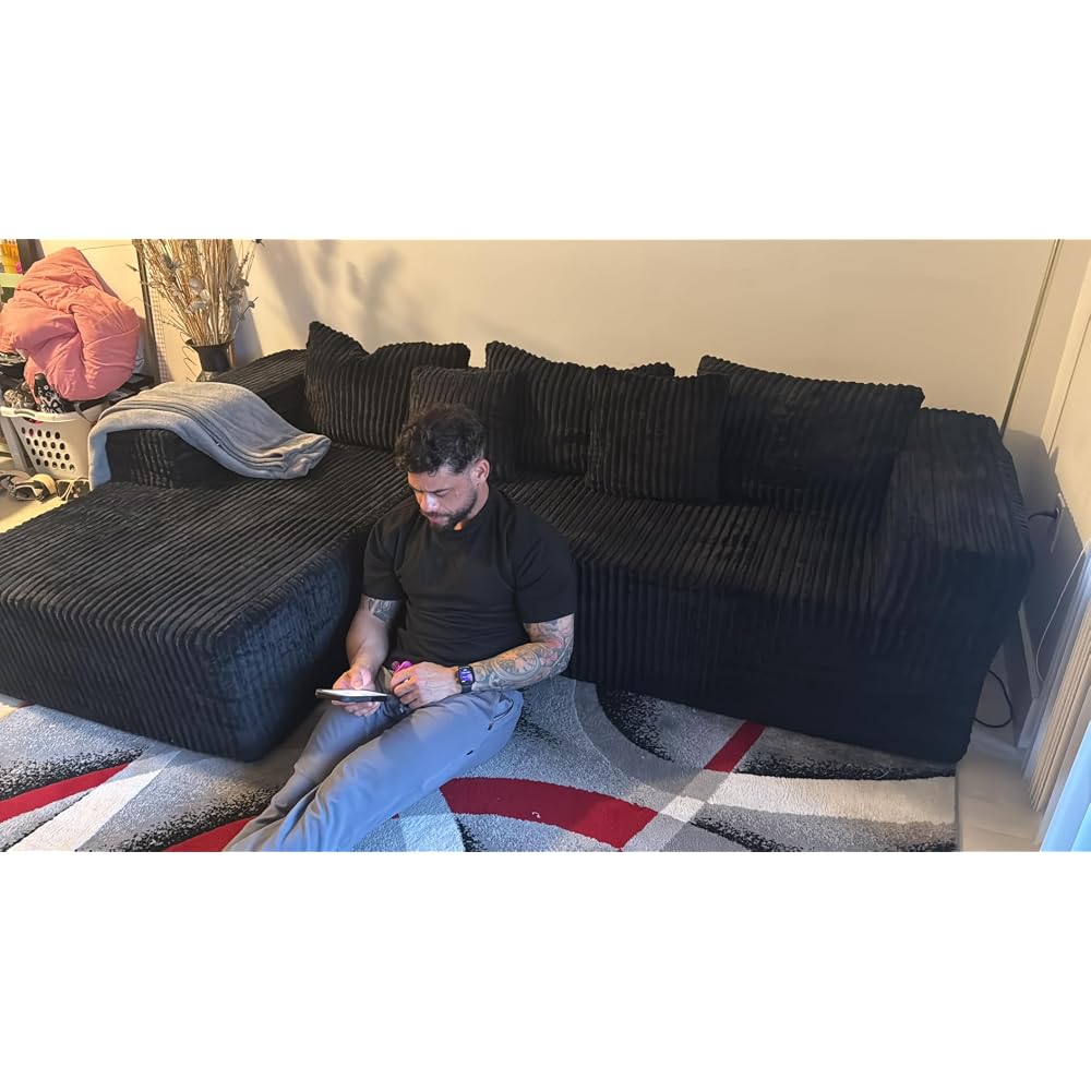 96" Cloud Sectional Couch with U-Shaped Chaise, Corduroy Sectional Sofa with Ottoman, Boneless Couch with Deep Seat in a Box for Living Room, No Assembly Required (Black, Left Facing Chaise)