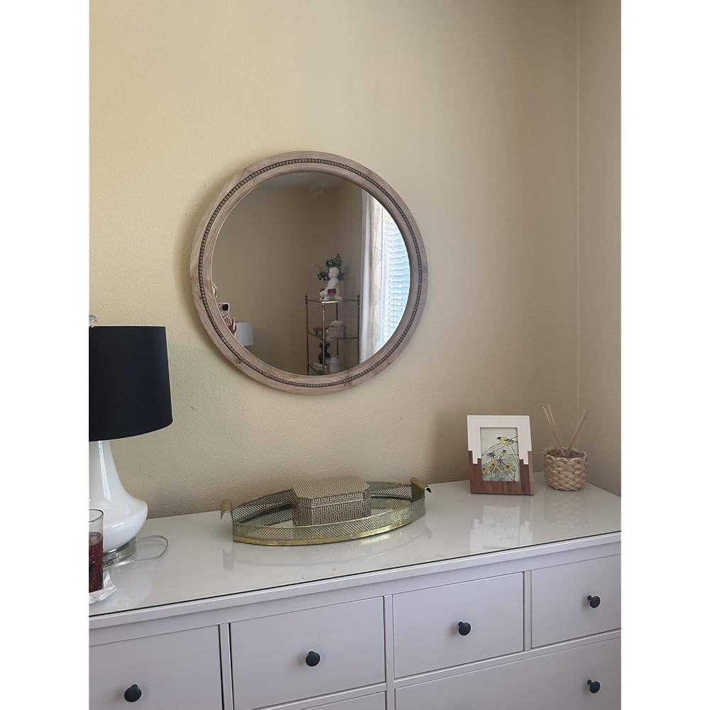 Solid Wood 30 Inch Round Beaded Vanity Wall Mirror, Natural Wood