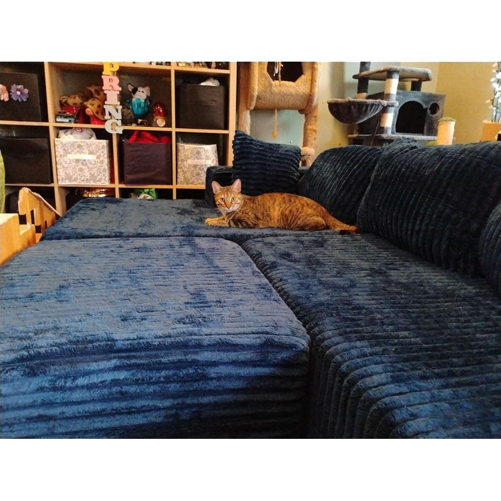 96" Cloud Sectional Couch with U-Shaped Chaise, Corduroy Sectional Sofa with Ottoman, Boneless Couch with Deep Seat in a Box for Living Room, No Assembly Required (Black, Left Facing Chaise)