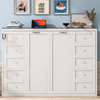 MERITLINE Full Horizontal Murphy Bed with LED Lighting,Solid Wood Folding Farmhouse Murphy Wall Bed Cabinet for Adults, Space-Saving Hideaway (White,Full)