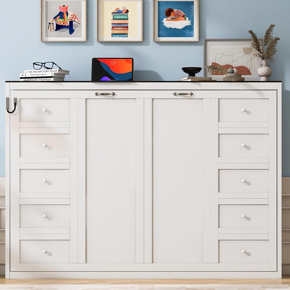 MERITLINE Full Horizontal Murphy Bed with LED Lighting,Solid Wood Folding Farmhouse Murphy Wall Bed Cabinet for Adults, Space-Saving Hideaway (White,Full)
