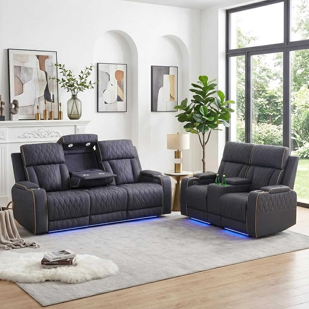 2 Pieces Power Recliner Sofa Set with LED, Leather Power Reclining Couch Sets includes 3 Seats Sofa and Loveseat with Cup Holders, USB Port, Living Room Furniture Sets for HomeTheater, Blue Gray