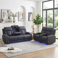 2 Pieces Power Recliner Sofa Set with LED, Leather Power Reclining Couch Sets includes 3 Seats Sofa and Loveseat with Cup Holders, USB Port, Living Room Furniture Sets for HomeTheater, Blue Gray