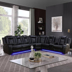Leather Power Recliner Sectional Sofa with LED Light,L Shaped Leather Couch Set with 2 Recliner Seats，Modular Corner Sofa with Storage Console/Coffee Table for Living Room(Black, Sectional)