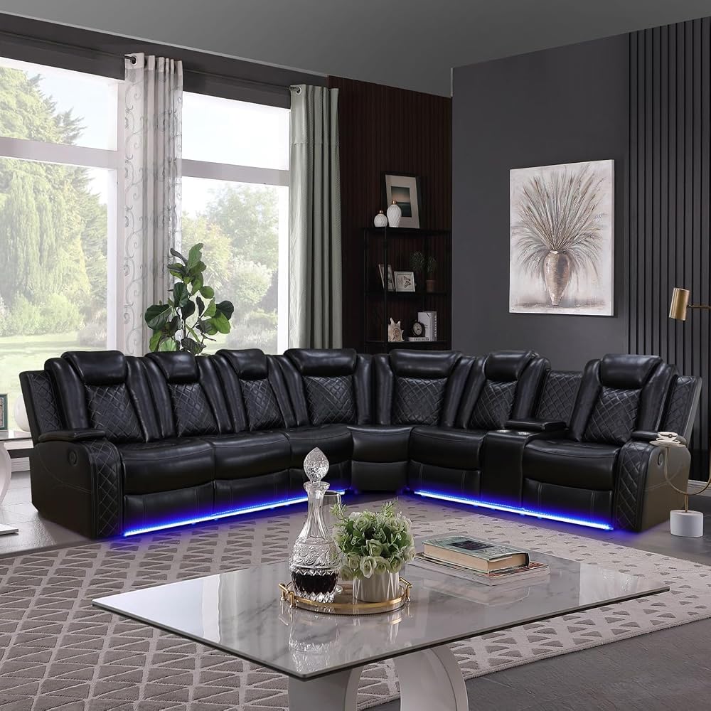 Leather Power Recliner Sectional Sofa with LED Light,L Shaped Leather Couch Set with 2 Recliner Seats，Modular Corner Sofa with Storage Console/Coffee Table for Living Room(Black, Sectional)