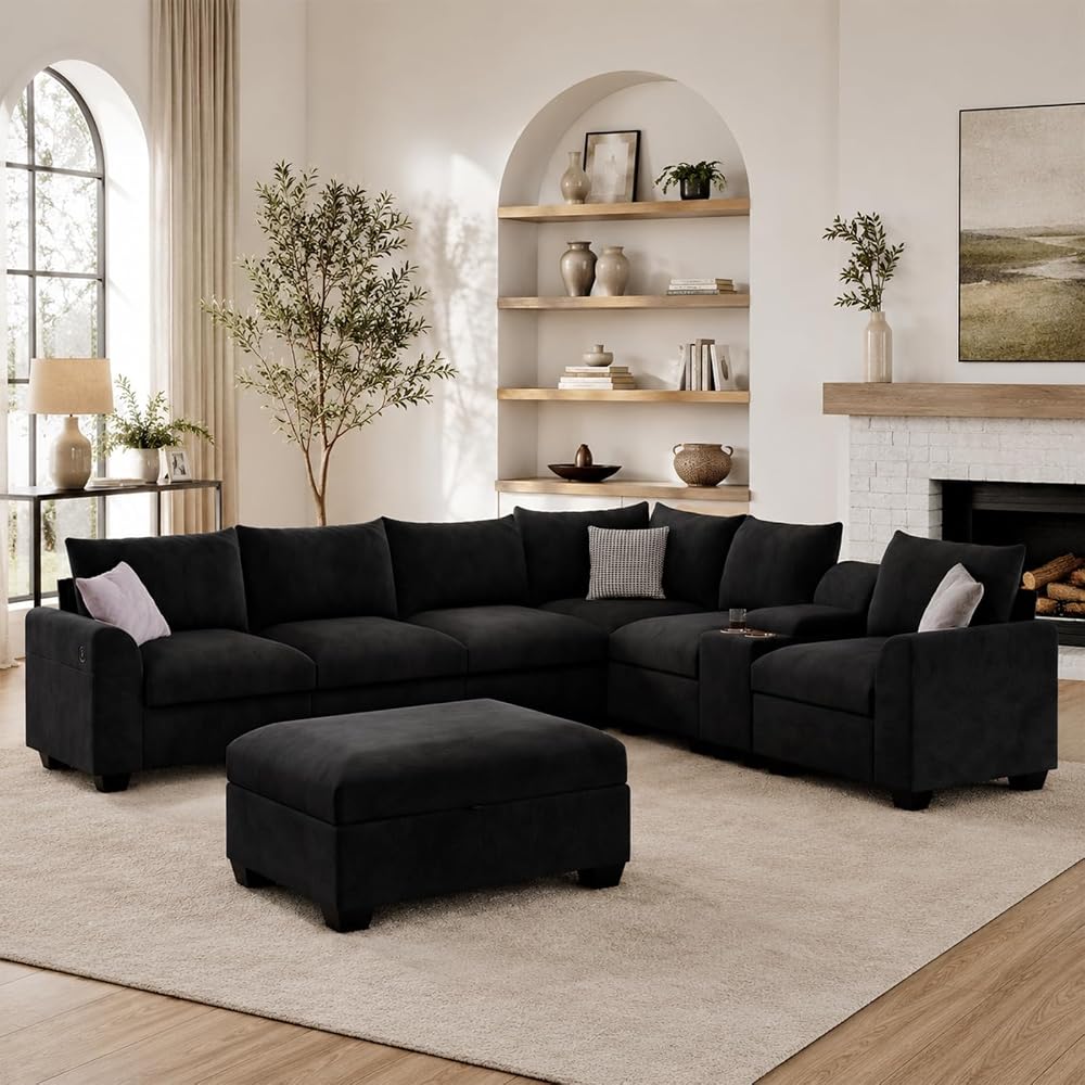 120" L shaped Sectional Couches for Living Room with Central Console