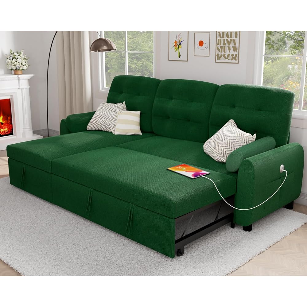 86" Sleeper Sofa Bed, Pull Out Couch Bed with Reversible Storage Chaise, Sectional Couches for Living Room with Side Pocket | Charging Station | Removable Backrest | Prime Linen, Green