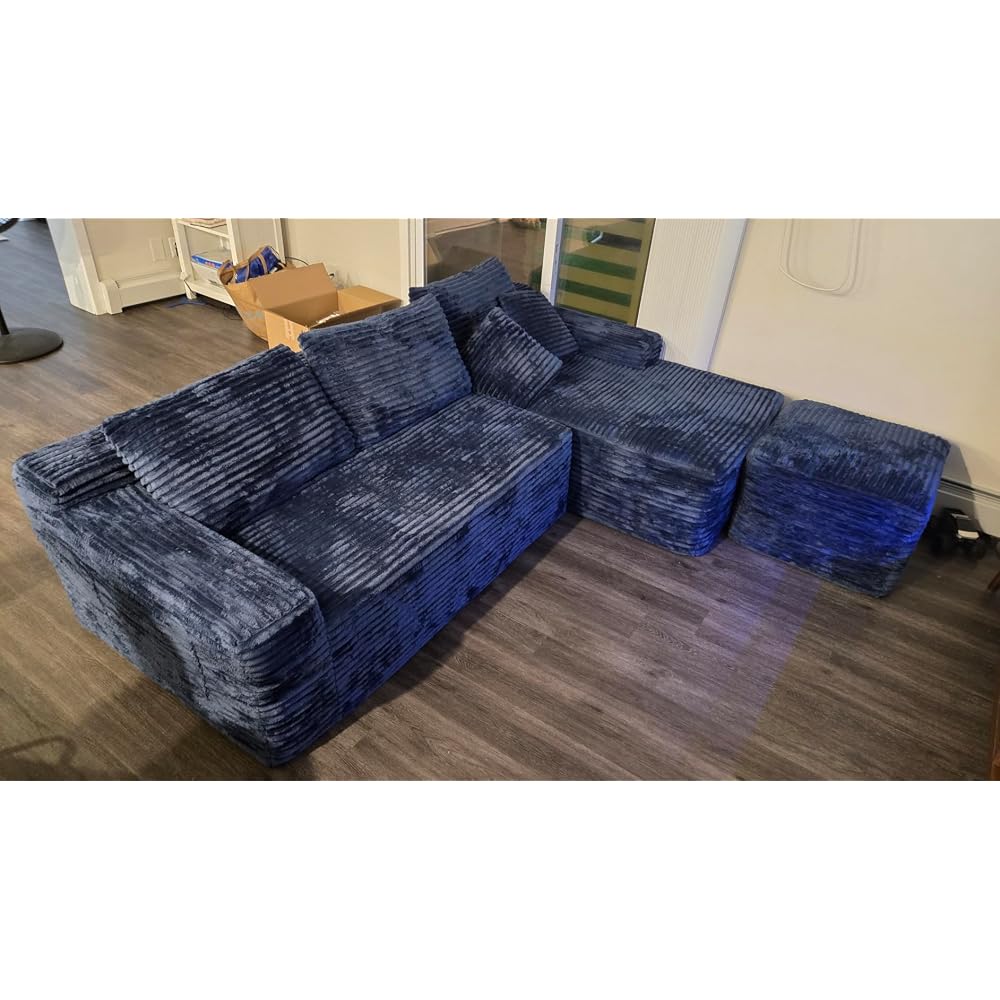 96" Cloud Sectional Couch with U-Shaped Chaise, Corduroy Sectional Sofa with Ottoman, Boneless Couch with Deep Seat in a Box for Living Room, No Assembly Required (Black, Left Facing Chaise)