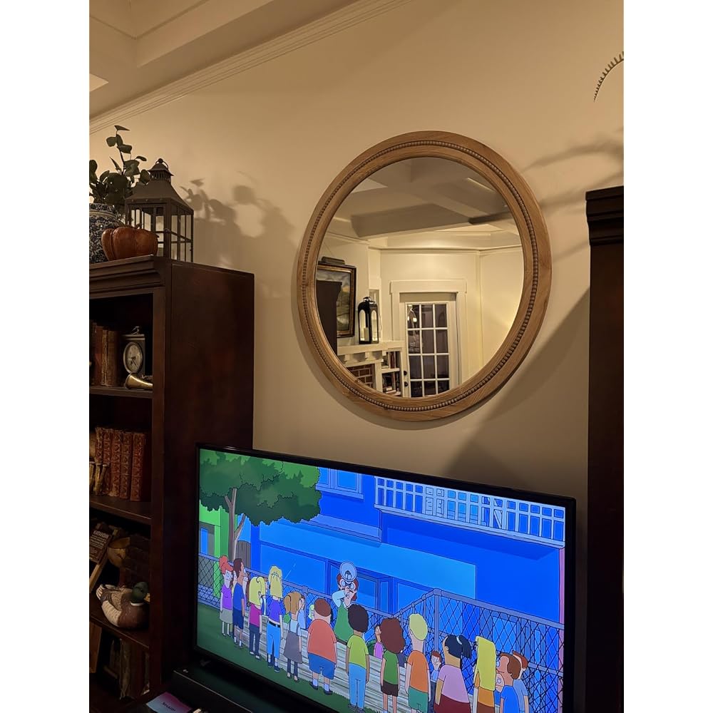 Solid Wood 30 Inch Round Beaded Vanity Wall Mirror, Natural Wood