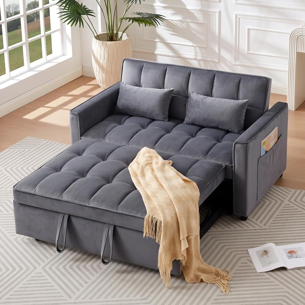 54" Sofa Bed, Velvet Loveseat Sleeper Sofa, Pull Out Bed, Grey