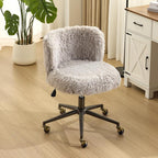 VINGLI Plush Upholstery Vanity Desk Chair with Curved Back & 90-102° Tilt & Adjustable Height, Cute Rolling Chair with Bronze Base & Golden-Bronze 360° Swivel Wheels for Makeup & Home Office, Fog Gray