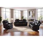 Manual Reclining Couch Sofa Set with Drop-Down Table, 3 Pieces Leather Recliner Couch Sets, Living Room Furniture Sets, Recliner Sofa with Storage Console/Cup Holder for Home/Apartment(Black)