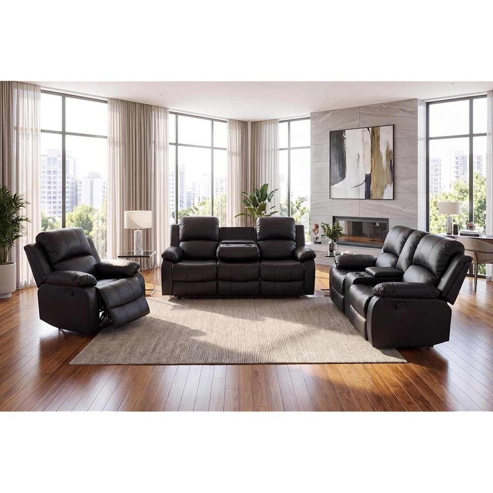 Manual Reclining Couch Sofa Set with Drop-Down Table, 3 Pieces Leather Recliner Couch Sets, Living Room Furniture Sets, Recliner Sofa with Storage Console/Cup Holder for Home/Apartment(Black)