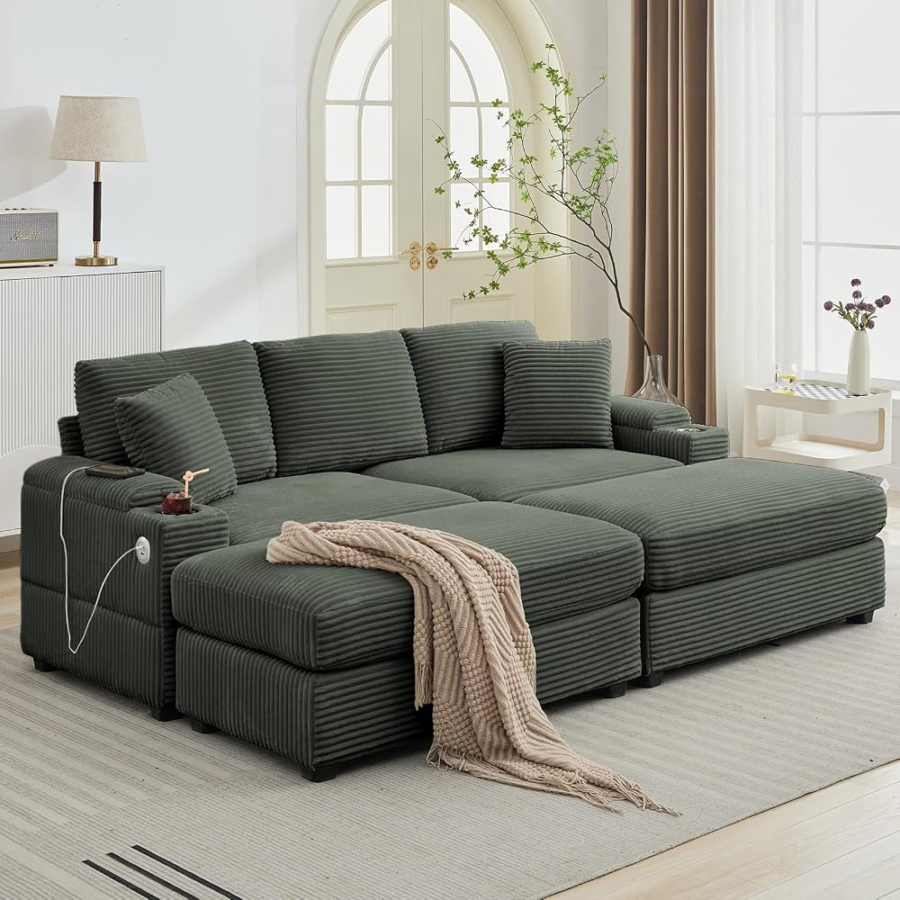 86.61'' Oversized Double Chaise Lounge Chair Indoor with Ottoman & Armrest Storage, Comfy Corduroy Reclining Chair with Cup Holder & USB Port, Lazy Sleeper Sofa for Living Room and Bedroom (Green)