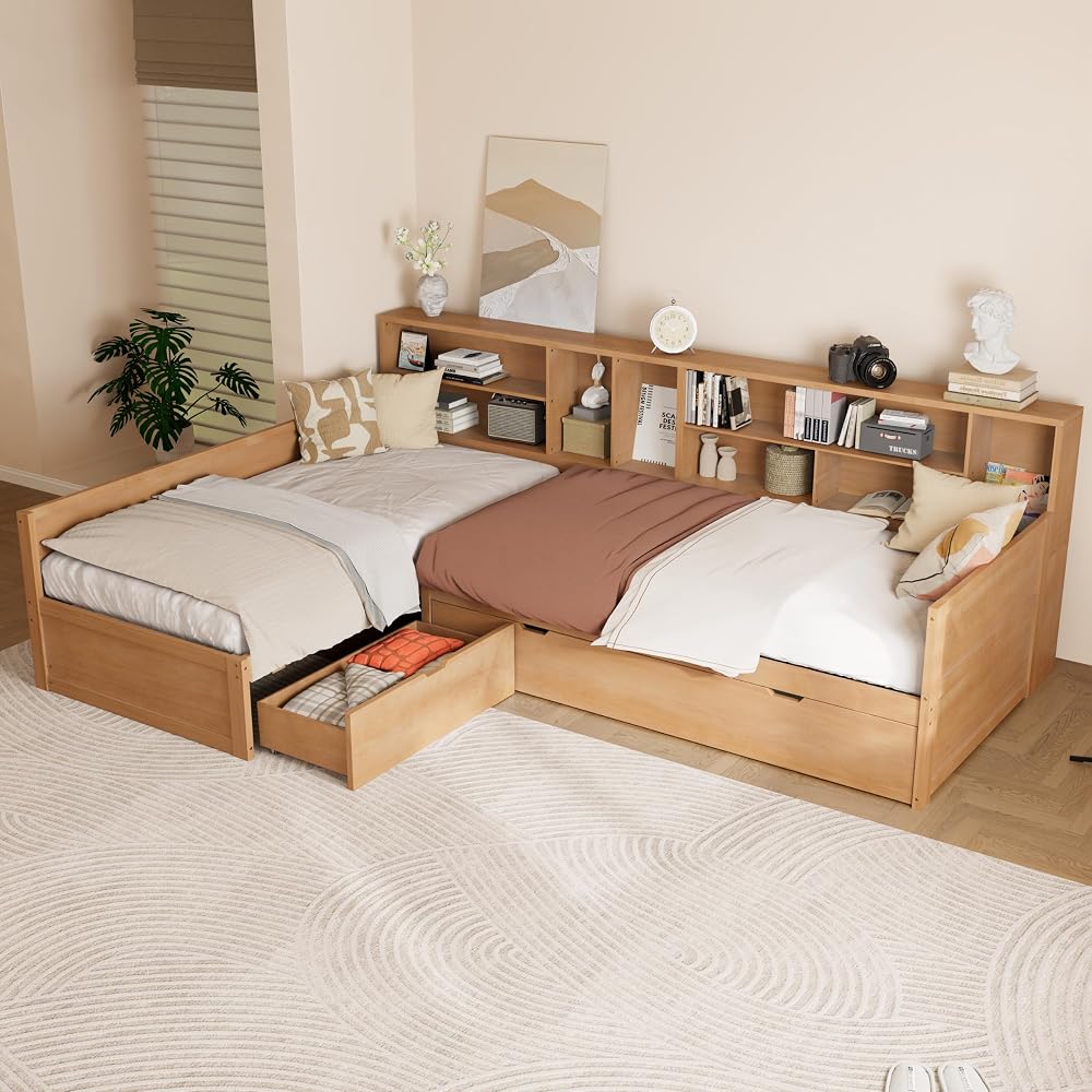 Merax Twin Wooden L-Shaped Daybed with Trundle and Storage Drawer, Seadrift