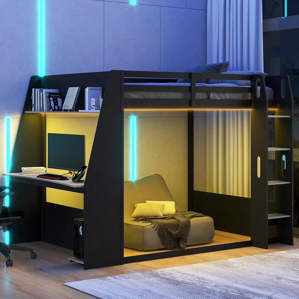 Merax Twin Over Twin Wooden Gaming Bunk Bed with Built-in Desk, LED Lights, USB Port, and 2 Storage Shelves, Solid Wood Gaming Loft Bed for Bedroom, Black+Red