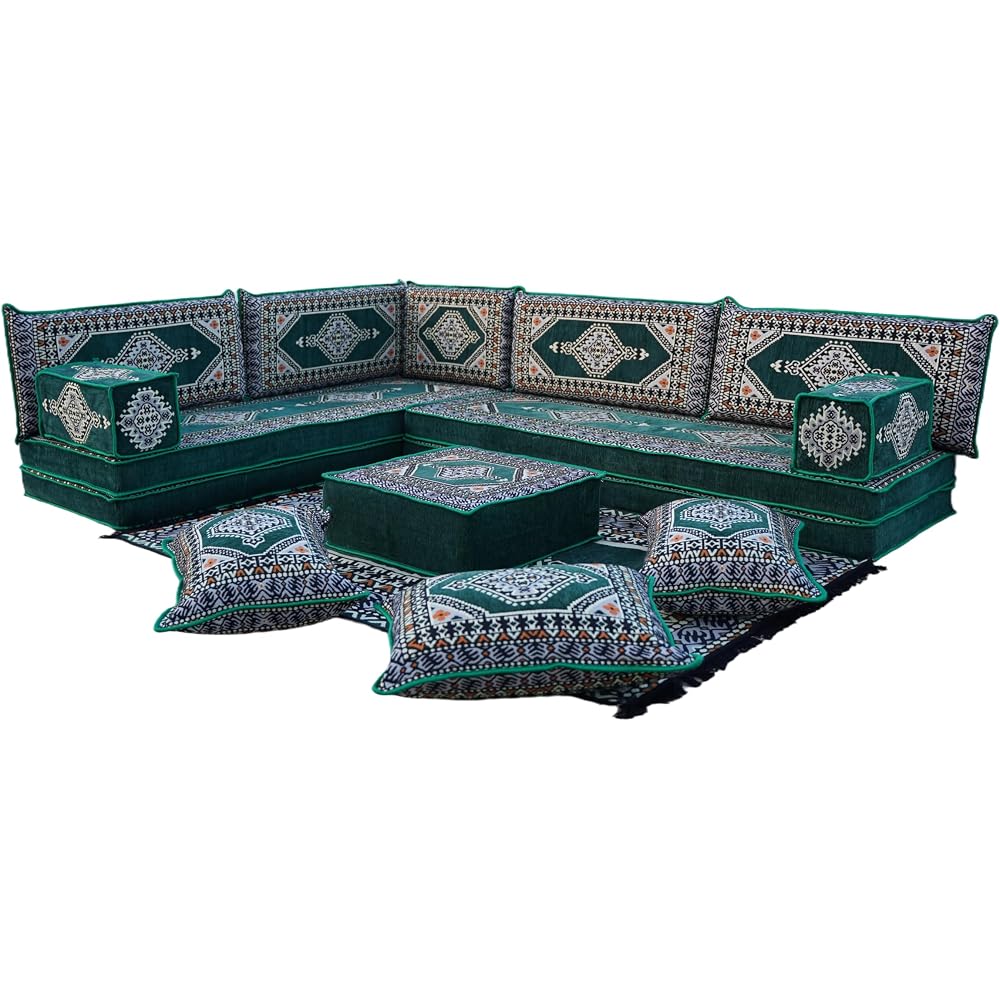 L Shaped Arabic Floor Cushions, Sectional Sofas, Arabic Majlis Set, Custom Made Sofa, Arabic Sofa Set, Seating Cushions (8'' Thickness Sofa, L Sofa Full Set, Green)