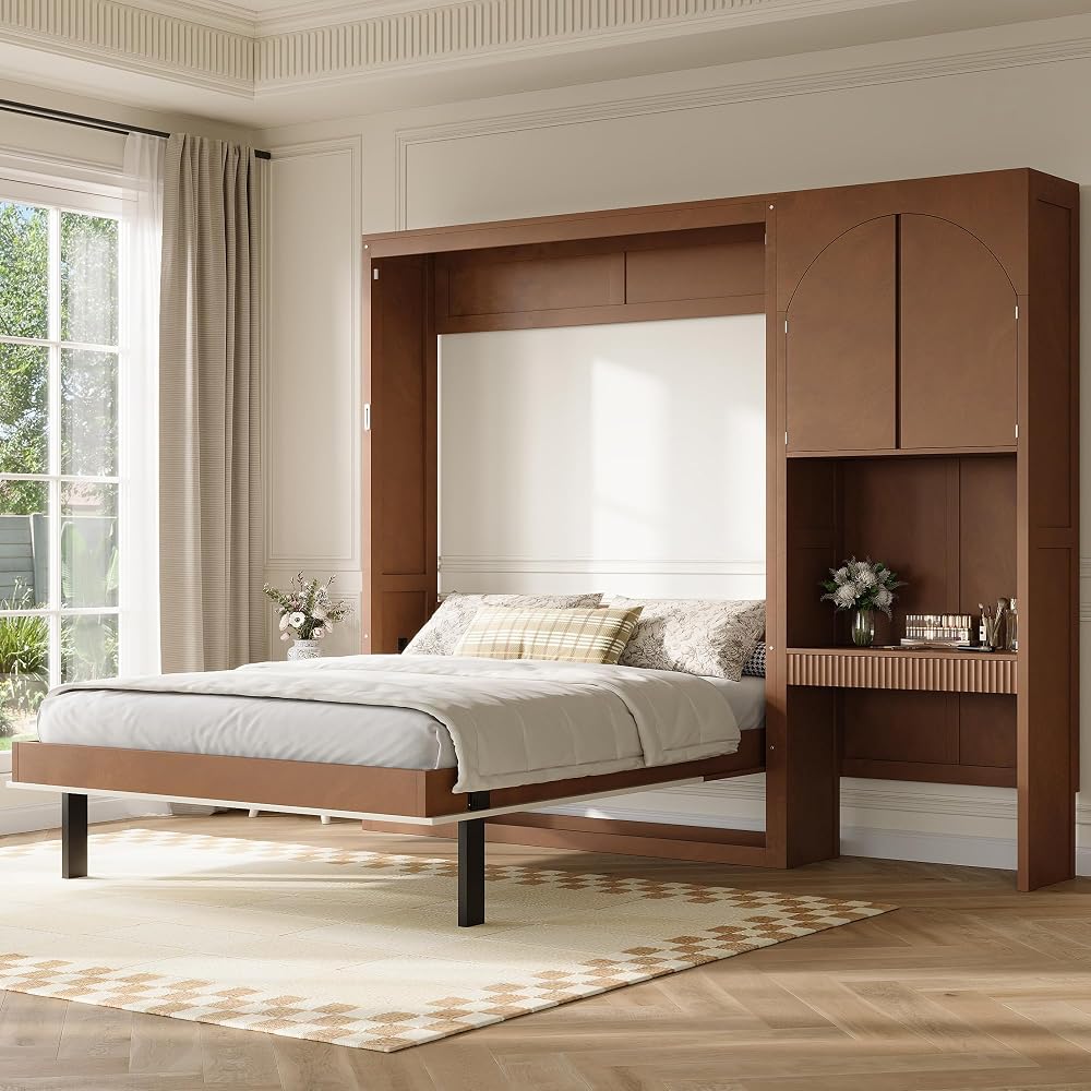 Merax Queen Size Murphy Bed with Desk, Storage Cabinet & LED Light, Walnut