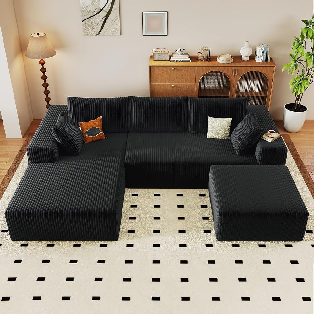 96" Cloud Sectional Couch with U-Shaped Chaise, Corduroy Sectional Sofa with Ottoman, Boneless Couch with Deep Seat in a Box for Living Room, No Assembly Required (Black, Left Facing Chaise)