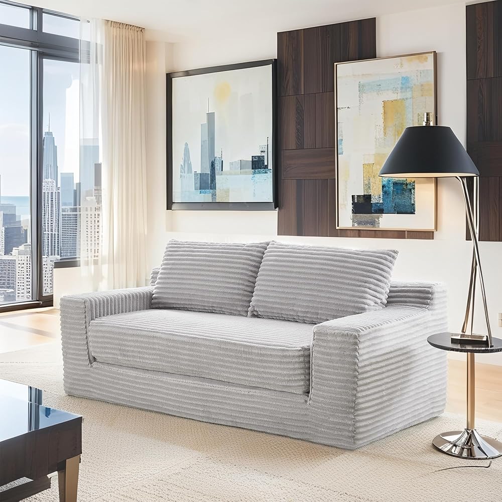 56" Convertible Loveseat Sofa Bed, Memory Foam Couch Corduroy Fabric Grey