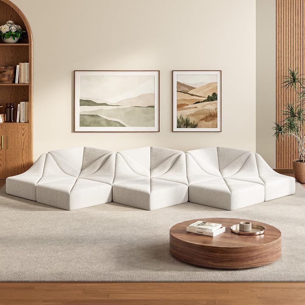 Dune Modular Sectional Sofa, Chenille Cloud Couch, Low Profile Floor Sofa Set, DIY Convertible Sectional Couch for Living Room, Cream White, 10-Pieces