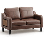 MALOL 51" Leather Loveseat Sofa with Foldable Side Table, Chocolate Brown