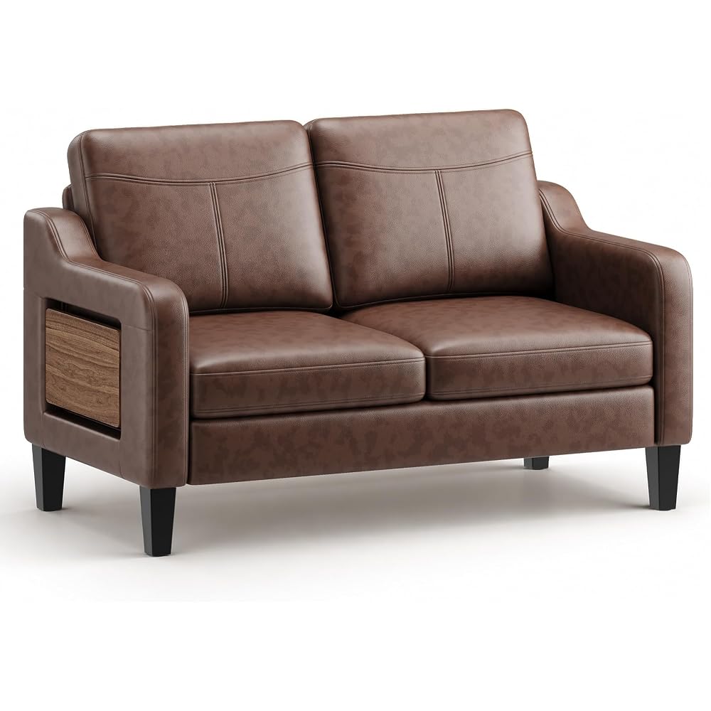 MALOL 51" Leather Loveseat Sofa with Foldable Side Table, Chocolate Brown