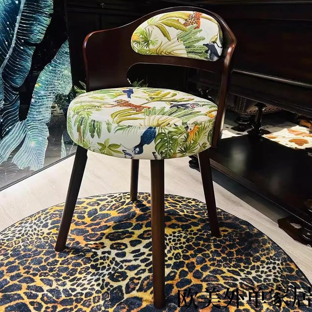 Swivel Vanity Chair with Back - Retro Wood American Round Makeup Chair & Accent Armchair for Home Office/Bedroom - Upholstered Comfort & Style