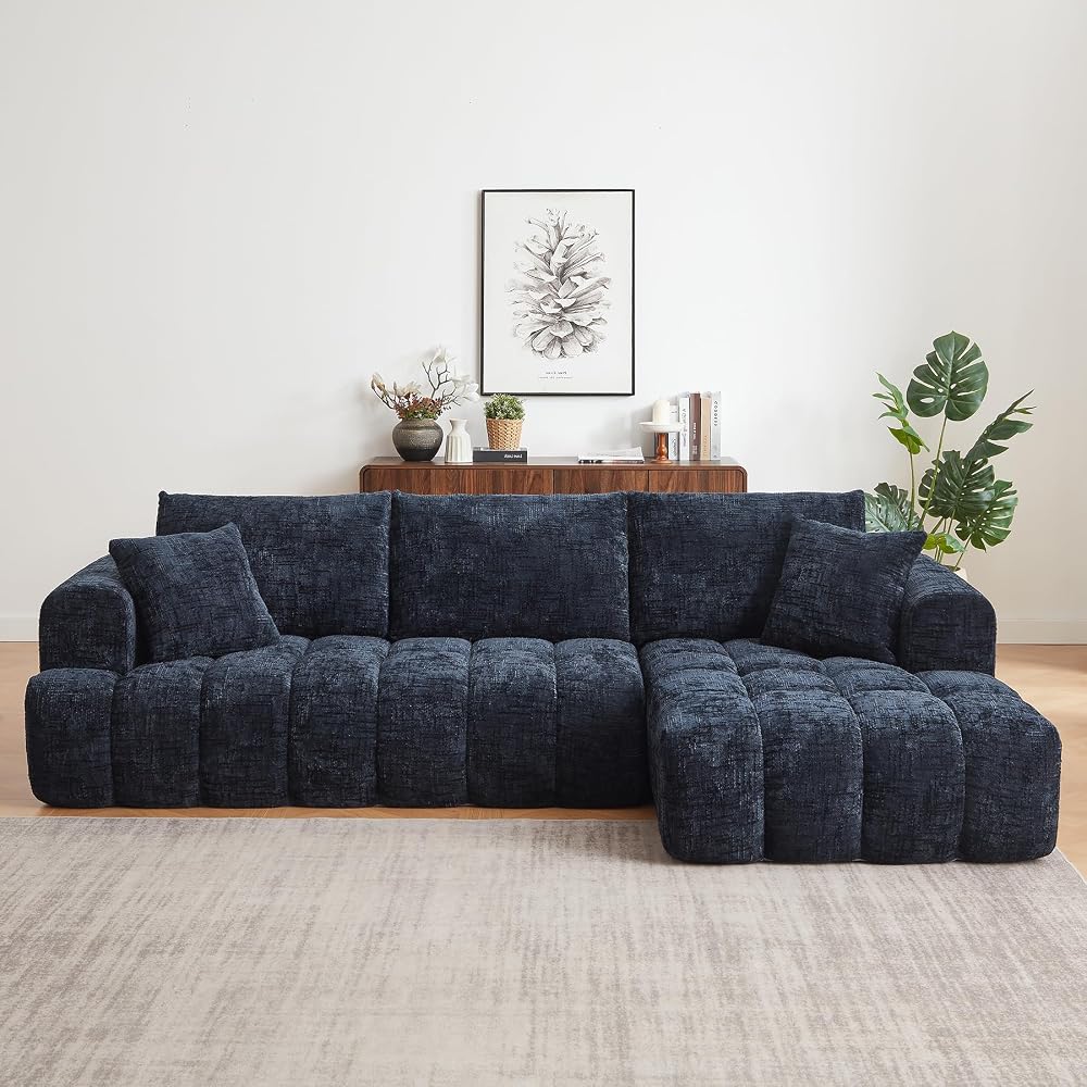 108" Boneless Cloud Modular Sectional Couch for Living Room, L Shaped Sofa with Chaise | Chenille Fabric | Compressed Foam Sofa for Living Room | No Assembly (Dark Blue, Right Hand Facing)