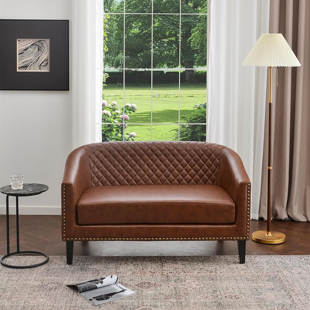 KINWELL 50" W Faux Leather Tufted Back Small Barrel Loveseat Settee, Brown