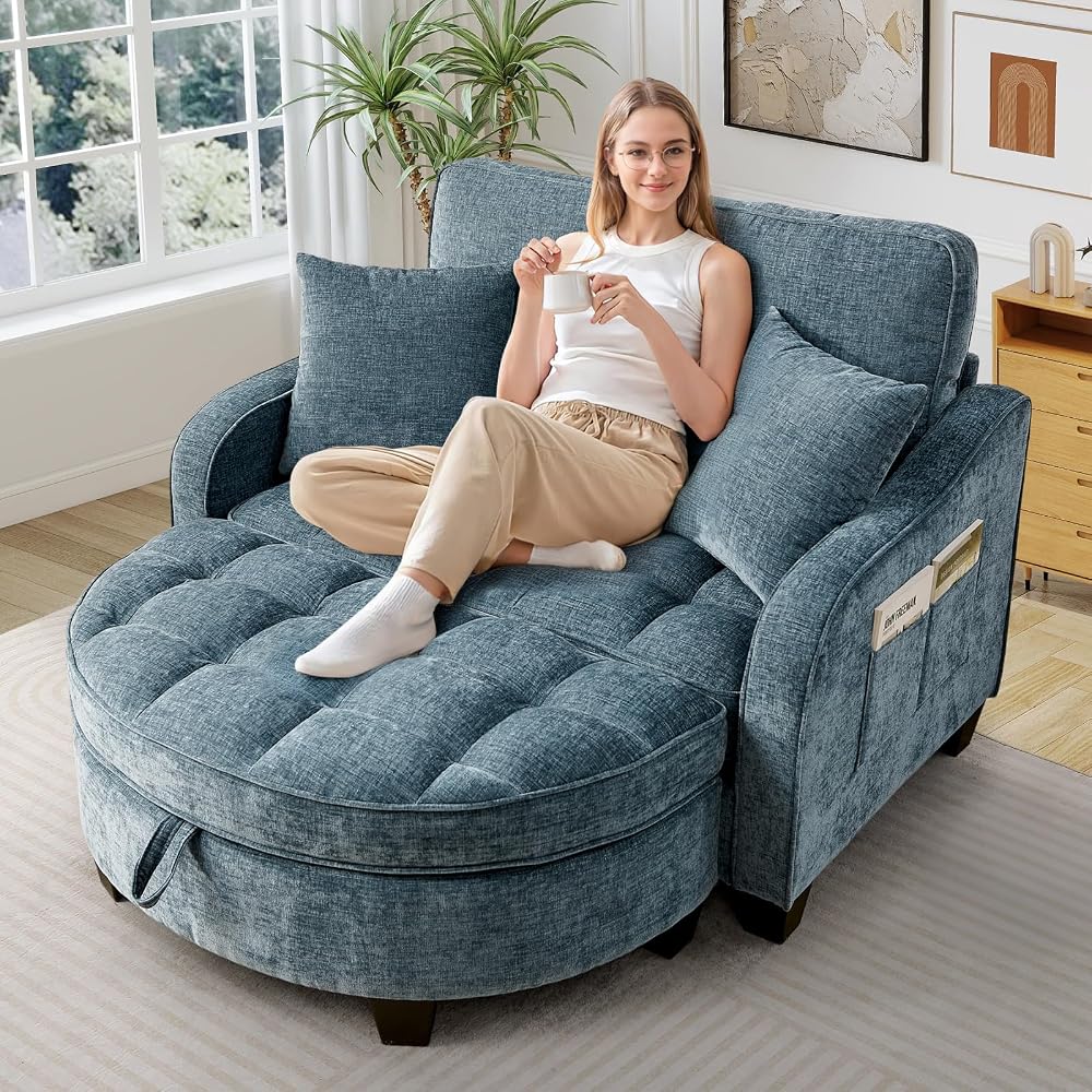 Oversized Chair and A Half, Chenille Tufting Accent Cozy Reading Sofa Chair with Storage Ottoman, Upholstered Loveseat Chaise Lounge Sofa with Adjustable Back for Living Room, Office, Sunroom, Blue