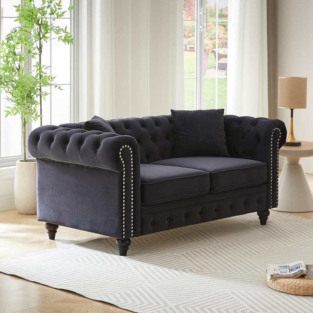 KEIKI 63.5" Chesterfield Sofa, Retro Style Velvet Upholstered Couch, Button Tufted Sofa with Rolled Arm for Living Room, Bedroom Office, Black
