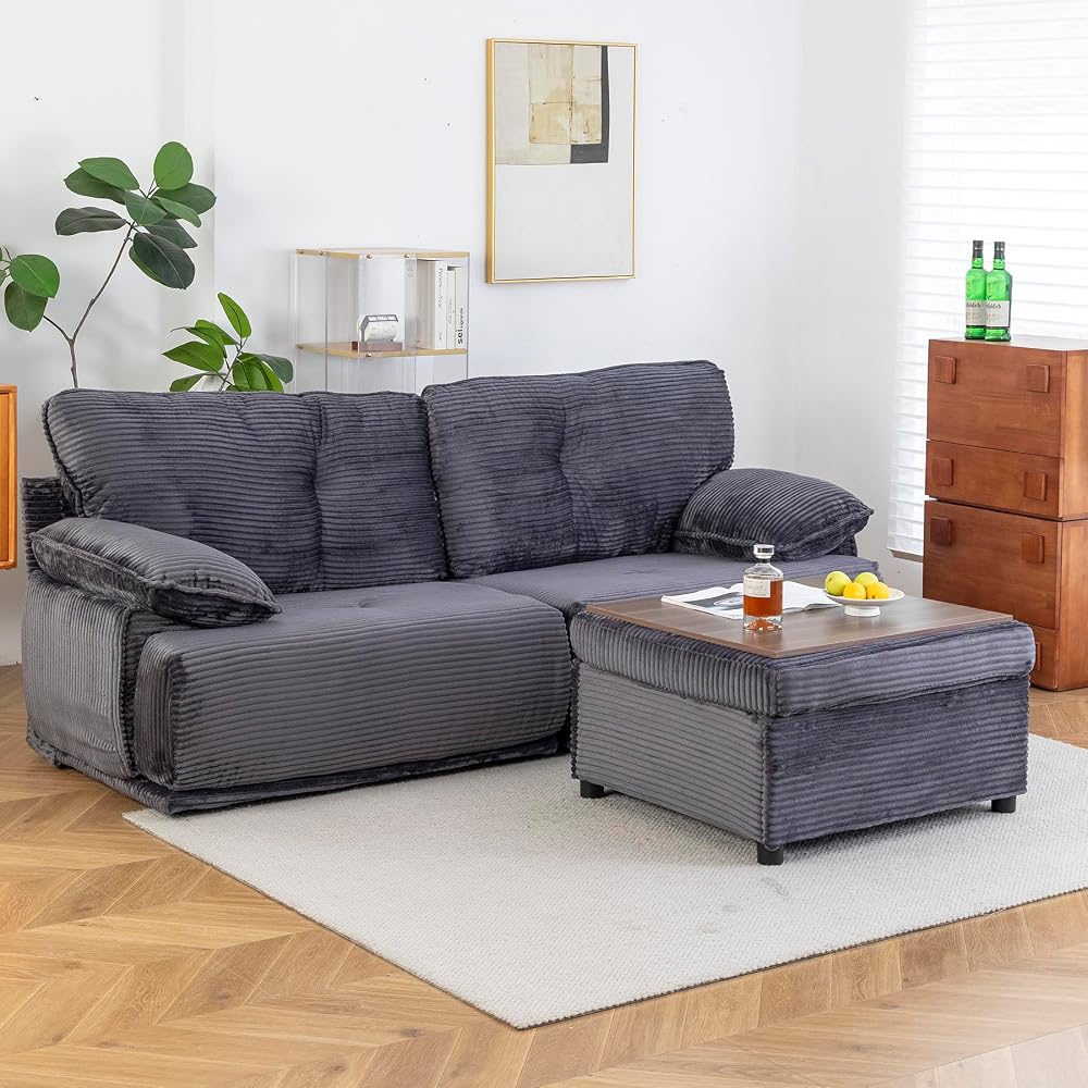 Keydo 90" Oversize Loveseat Sofa with Storage Ottoman, Love Seat Couch with Coffee Table, L Shaped Couch Sofa for Living Room, Deep and Wide Seat, Gray